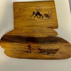 Vintage Hand-Carved Wood Inlay Wall Plaques 
Mid-Century Decor. Set of 2